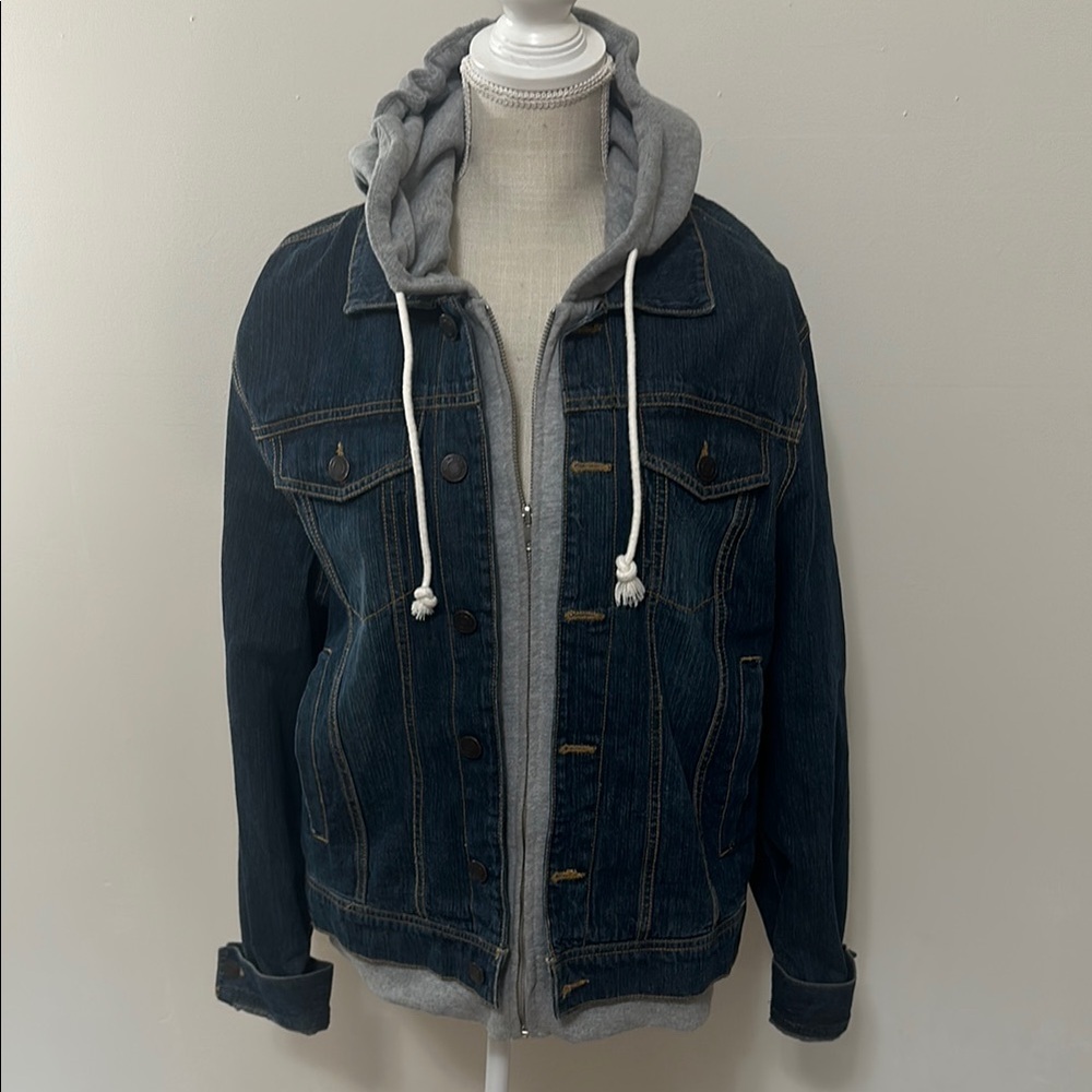 Sun + Stone Blue Denim Jacket with Built in Hoodie Like‎ New